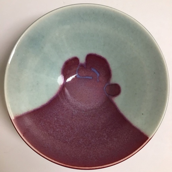 Studio Pottery Bowl SIGNED Ceramics Aqua Purple Gloss Abstract 8” Asian Handmade - Picture 9 of 11